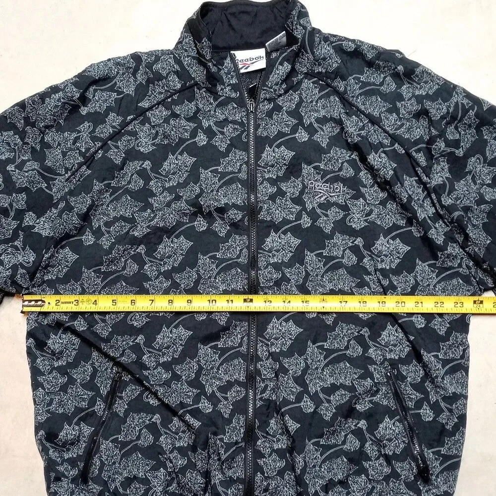 Vintage Reebok Windbreak Jacket Mens LARGE Black Leaf Leaves All Over Print - Picture 8 of 8